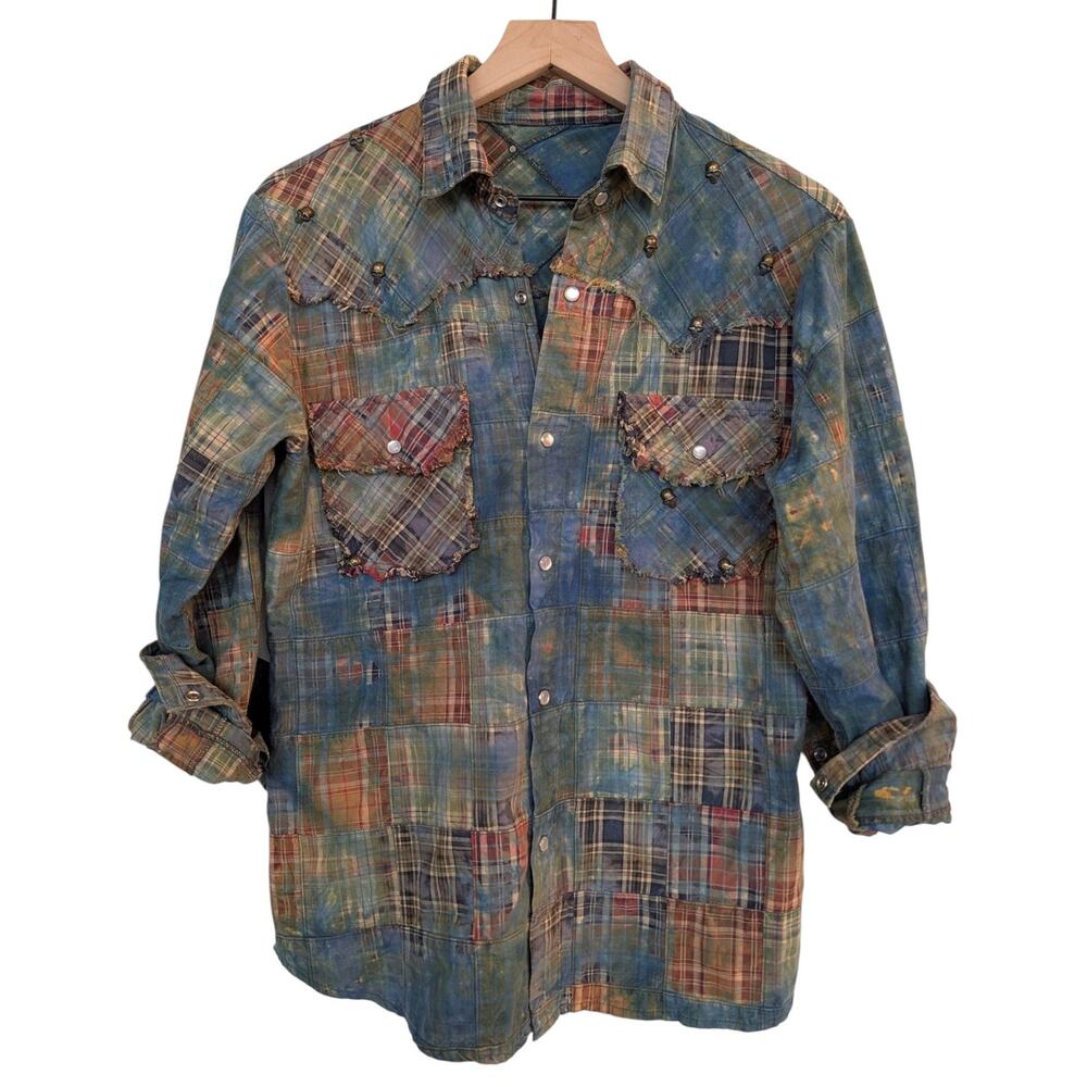 Custom Distresssed Studded Yoke Patchwork Madras Plaid Western Shirt - Picture 3 of 9